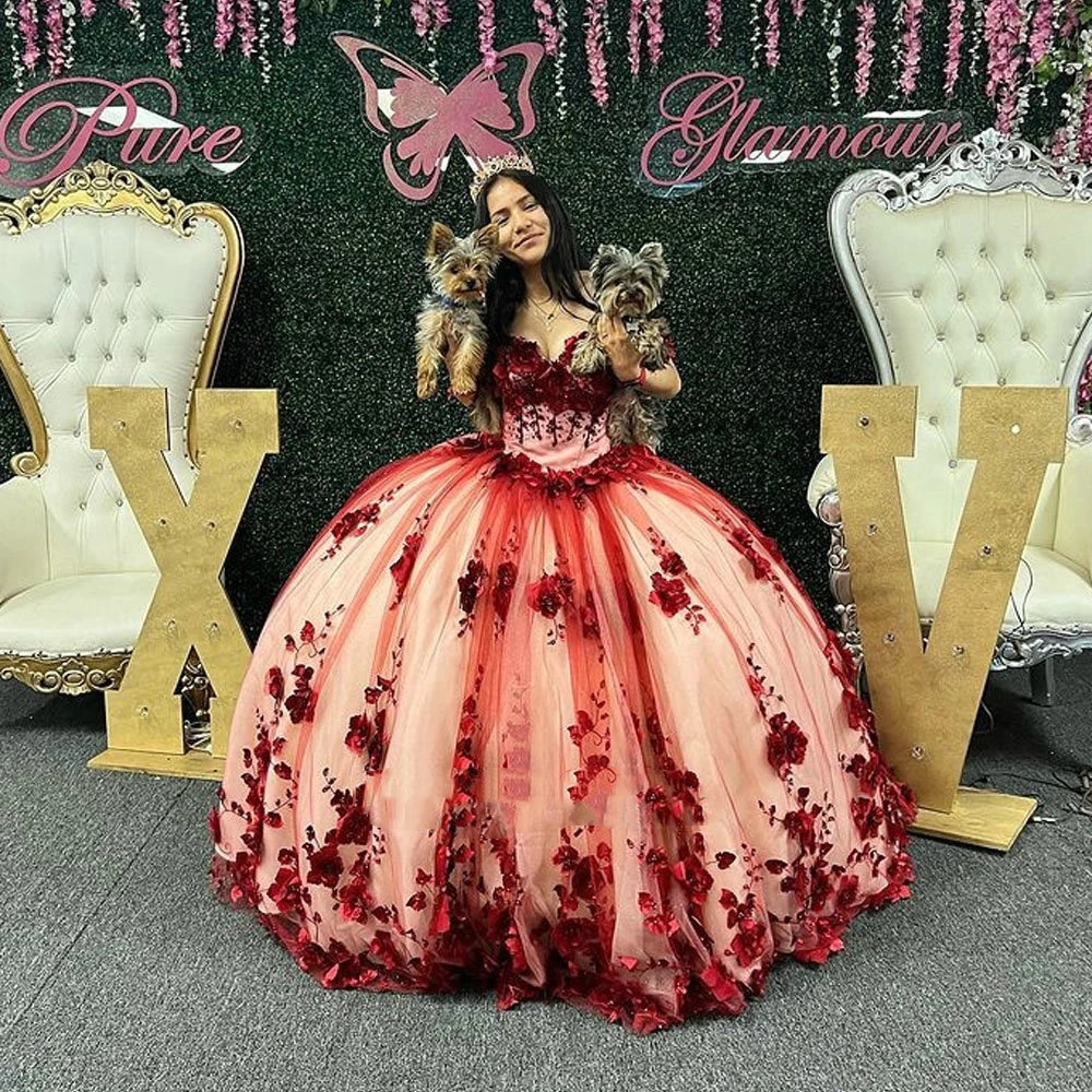 Burgundy 3D цветы аппликации кружевное платье Quinceanera Ball Ball с плеча плюс размер.