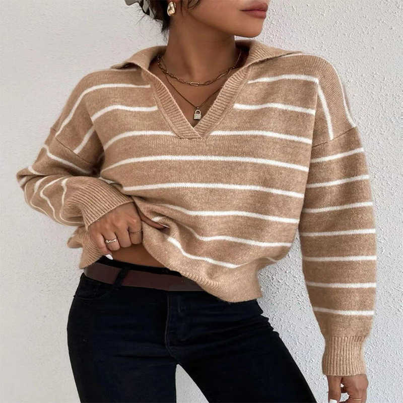 Women's Knits Tees Women's Knitted Sweater Pullovers for Winter Korean Clothing Sweater Full Sleeve Tops Lapel Striped Sweaters 2022 Fashion New T221012