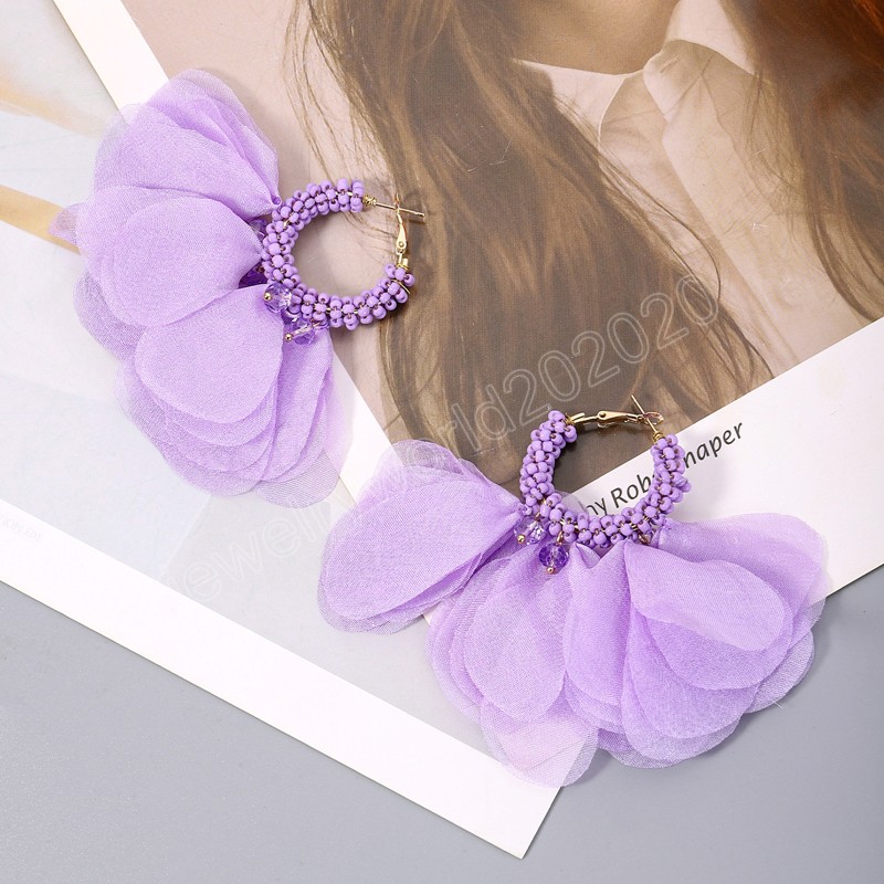 Boho Spitzen-Chiffon-Blumen-Ohrringe für Frauen, handgeflochtene Perlen-Blumen-Ohrringe, modischer leichter Schmuck