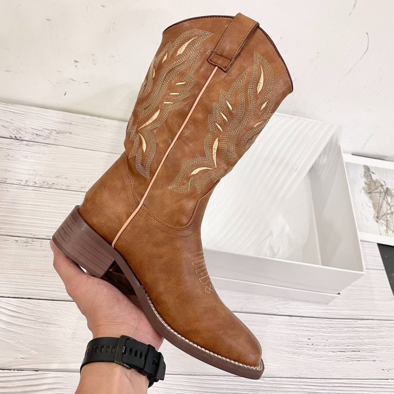 2022 Höst Läder Cowboy Cowgirl Western Denim Boots cowgrils Tjock klack Broderad Fyrkantig huvud tjocka klackar Boot