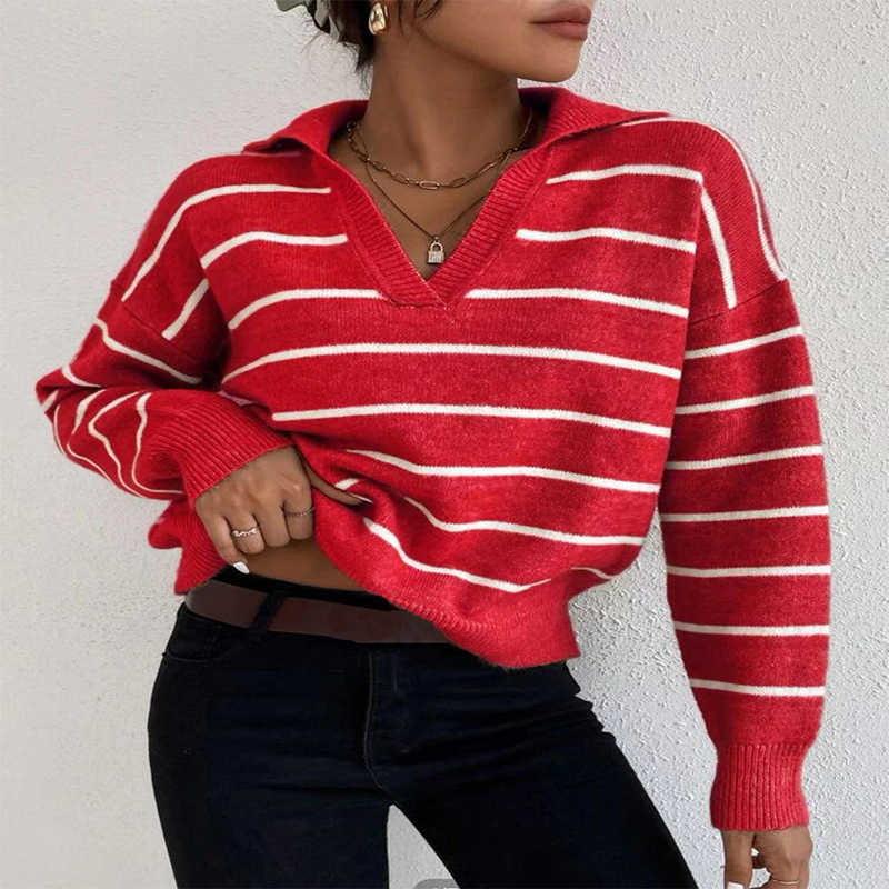 Women's Knits Tees Women's Knitted Sweater Pullovers for Winter Korean Clothing Sweater Full Sleeve Tops Lapel Striped Sweaters 2022 Fashion New T221012