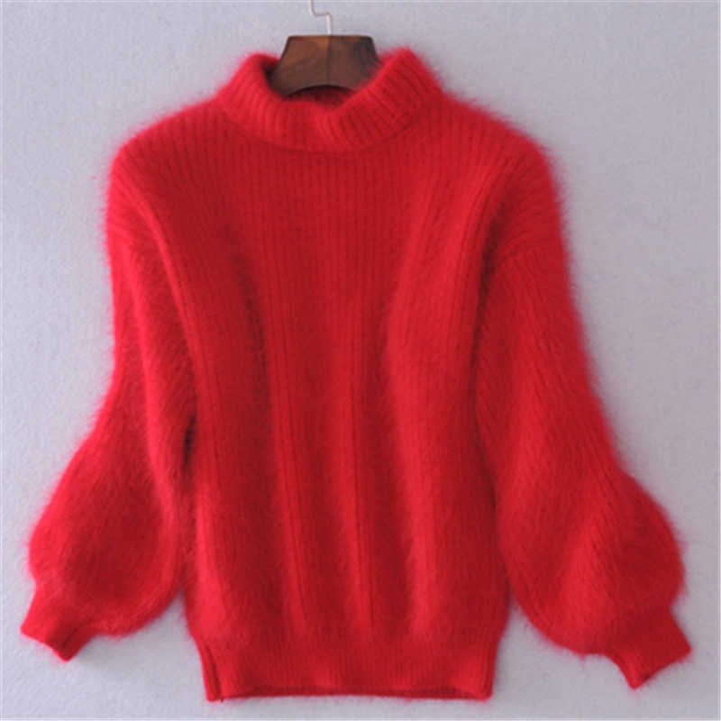 Women's Knits Tees White Mohair Soft Knitted Women Sweater Thicken Turtleneck Sweater Autumn Winter Lantern Sleeve Casual Solid Pullover Pull Femme T221012