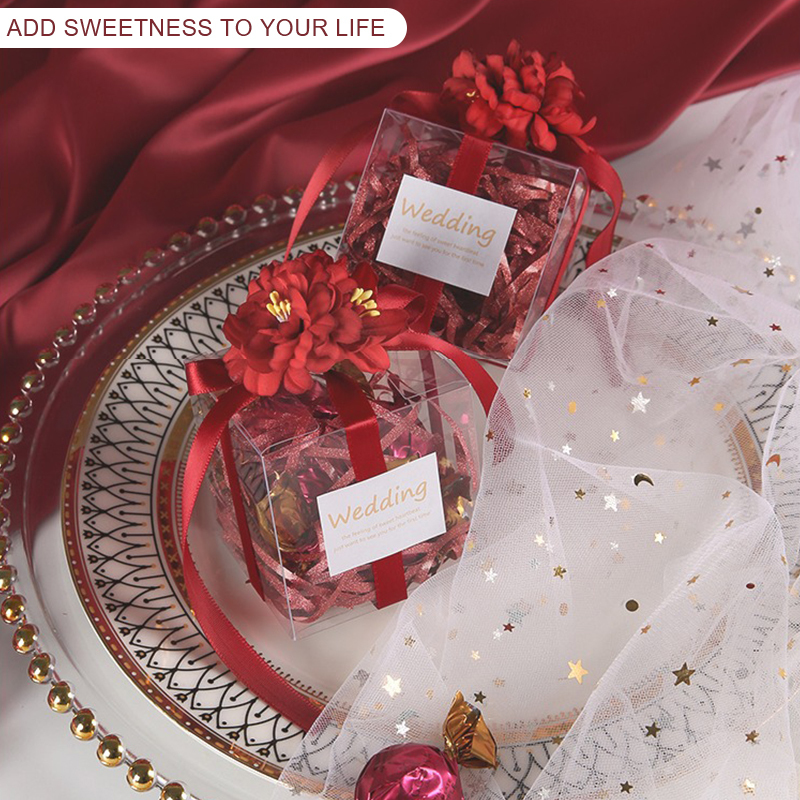 Enrolamento de presentes 10-Caixa transparente de casamento para hóspedes Bolsa de hóspedes Fita de flor artificial Dragees Matte Baptism 221013