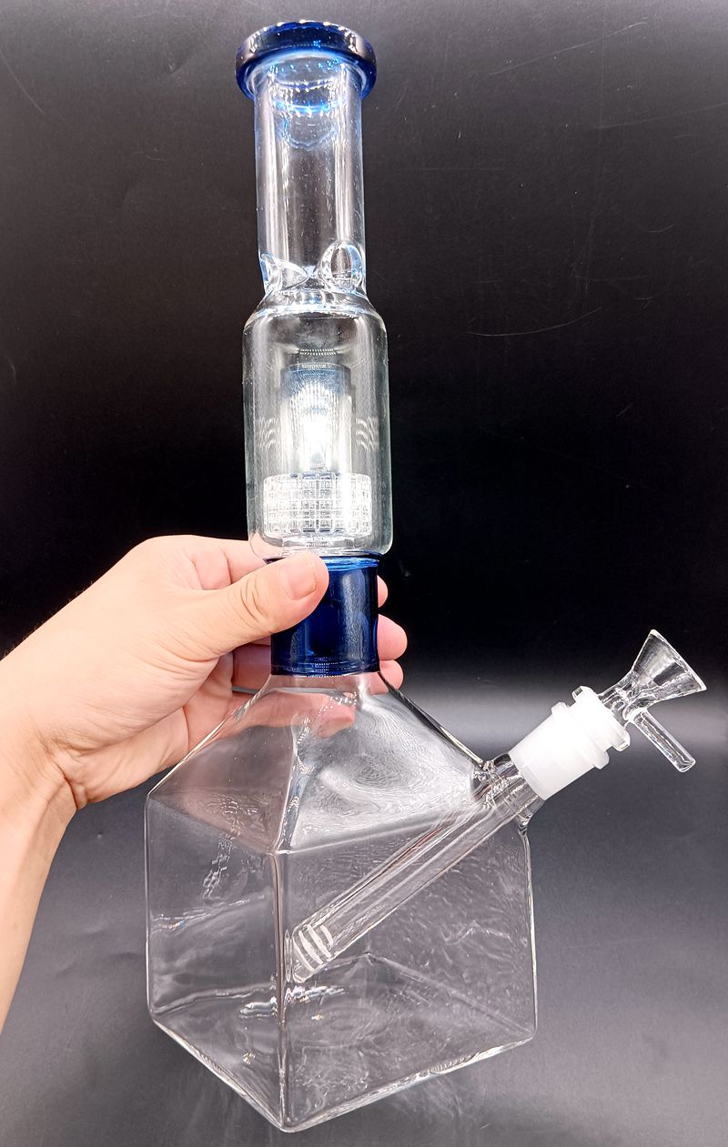 Blågrön Cubic Glas Water Bong Vattenpipor Oljebadriggar Rökrör med däckperkolator Shisha