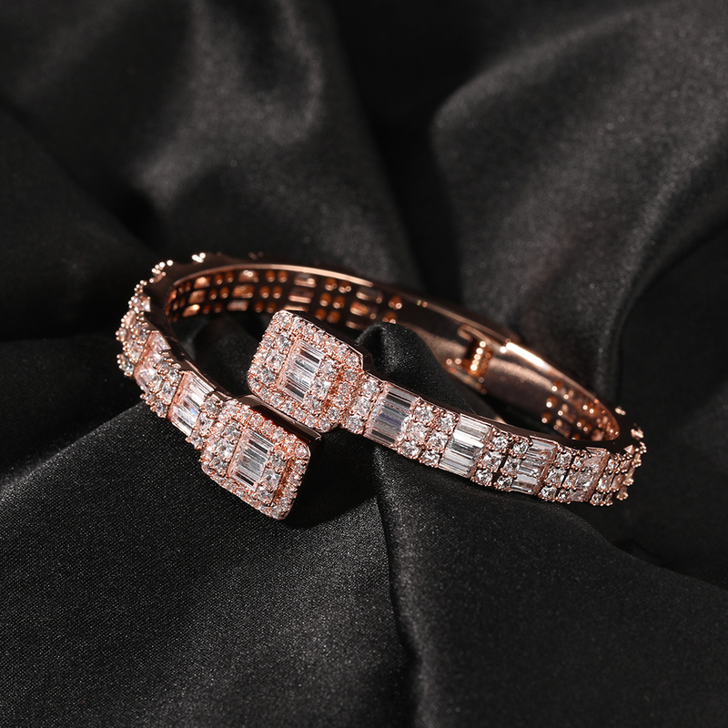 THE BLING KING 7mm Baguette Manchette Bangel Micro Pavé Bling Carré Cubique Zircone Bracelet De Luxe Poignet Rappeur Bijoux Punk Bracelet 2252a