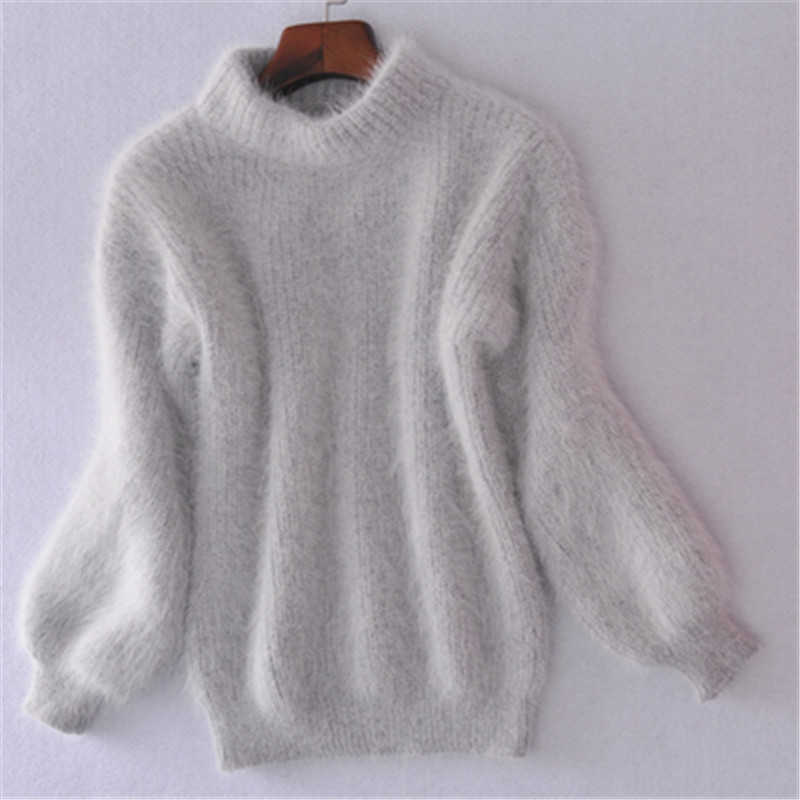 Women's Knits Tees White Mohair Soft Knitted Women Sweater Thicken Turtleneck Sweater Autumn Winter Lantern Sleeve Casual Solid Pullover Pull Femme T221012