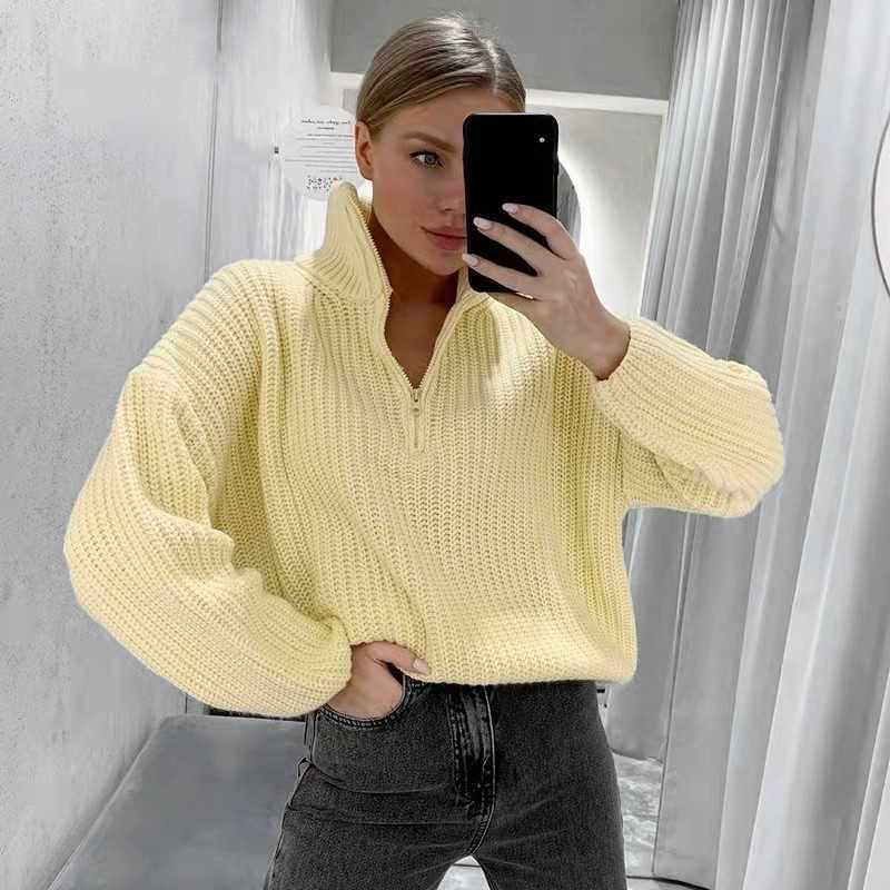 Women's Knits Tees Zipper Collar Turtleneck Sweaters Women Autumn Winter Elegant Loose Long Sleeve Knitted Pullovers Female Purpul Jumpers 2021 T221012