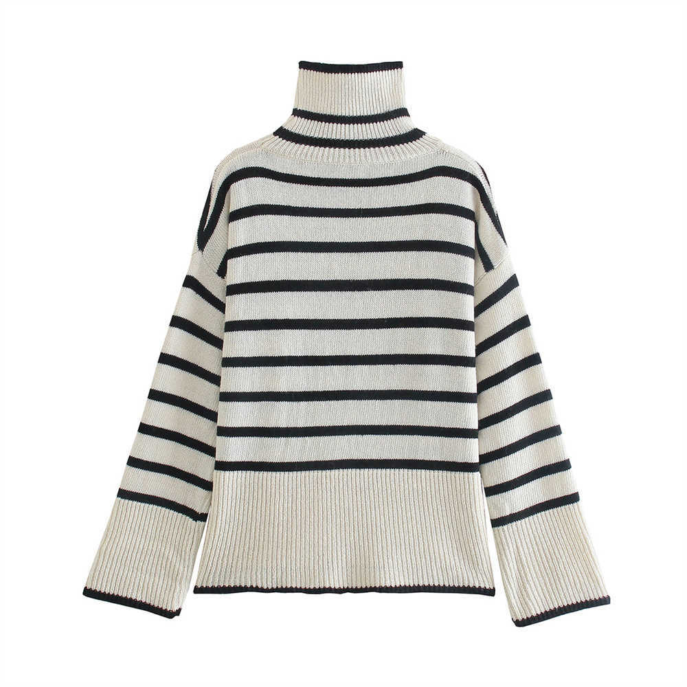 Women's Knits Tees PB ZA 2022 Autumn New Women's Striped High-neck Color Contrast Loose Long-sleeved Split Design Fashionable Knitted Sweater T221012