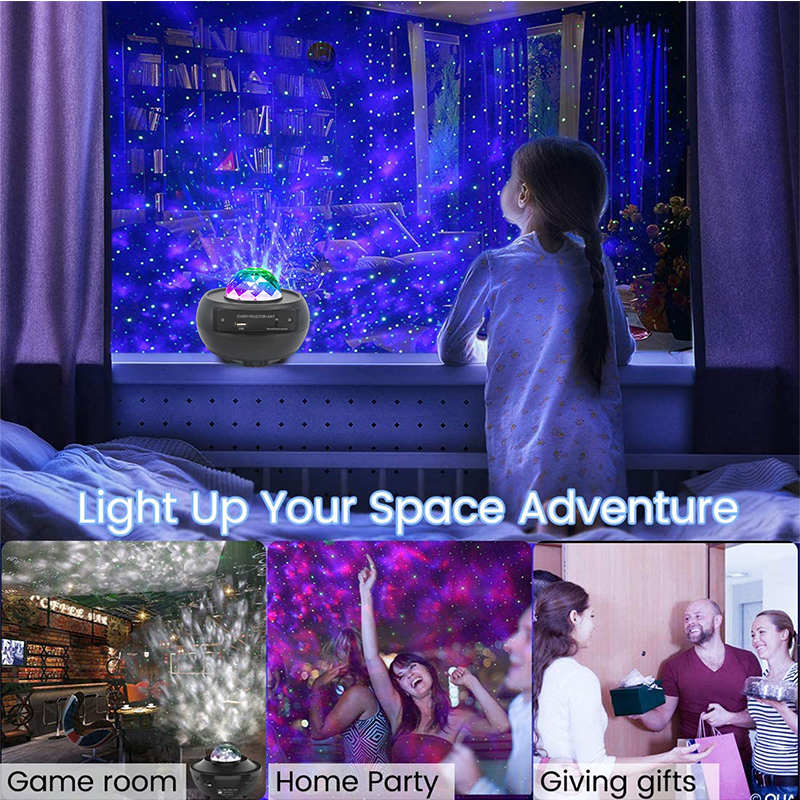 Lâmpada a laser com efeitos LED, projetor estrela, onda do oceano, luz noturna com alto-falante Bluetooth para decoração de quarto para casa, crianças e adultos
