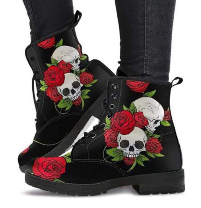 Boots Digital Print Autumn Lady High Top Skull Pattern Boot British PU Women's Fashion Work Boots 221014