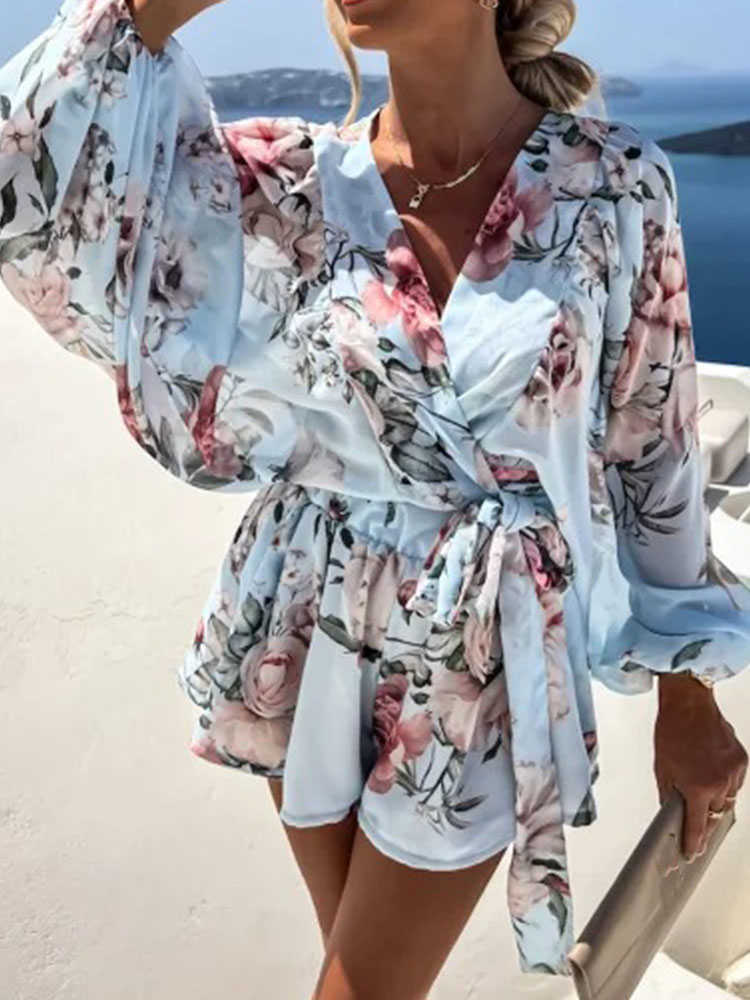 Women's Two Piece Pants Elegant Floral Print Loose Two Piece Suit Spring Sexy V-neck Tie-up Blouse and Shorts Set Summer Women Casual Long Sleeve Outfit T221012