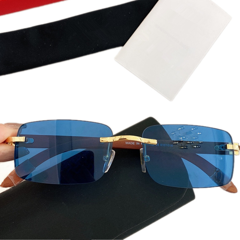 Occhiali da sole rettangolari colorati senza montatura CA di lusso Gamba in legno leggera unisex UV400 occhiali da vista personalizzati Custodia fullset OCCHIALI