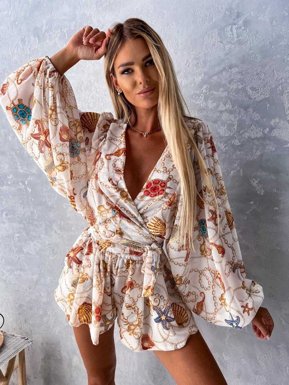 Women's Two Piece Pants Casual Beach Print Lace Up Two Piece Set Women Summer Chiffon Shirt Shorts Suit Fall Sexy V-neck Top Sets Womens Outfits T221012
