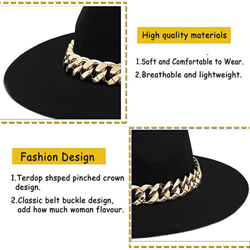 Beanie/Skull Caps Fedora Hats For Women Wool Wide Brim Thick Gold Chain Men Solid Vintage Church Jazz Party Top Cap Panama Luxury Ladies Felt Hats T221013