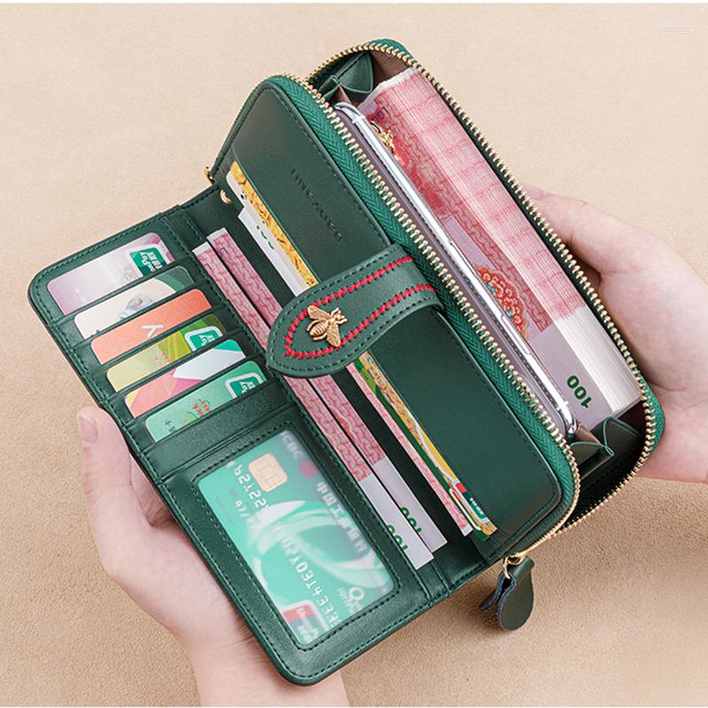 Wallets Genuine Leather Wallet Women Clutch Female Purse Long Money Bag Zipper Coin Bee Wristlet Phone Hasp202l