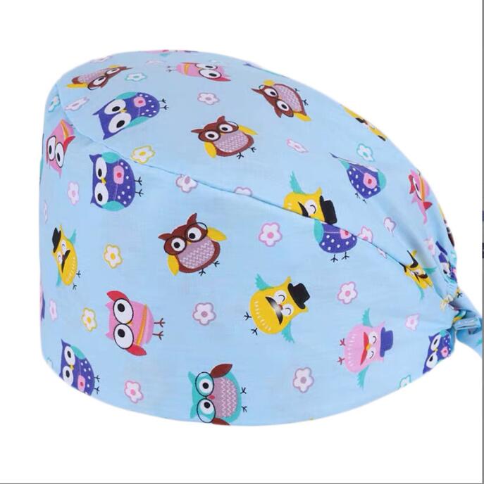 Scrub Cotton Hat Floral Bouffant Sanitary Nurse Cap with Sweatband Owl Fox Bird Dog Leaf Star Printing Nursing doctor Beanie Hat Christmas