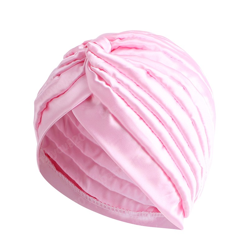 Modische seidige Satin-Rüschen-Knoten-Turban-Kappe für Frauen, einfarbig, muslimisches Hijab-Kopftuch, Indien-Kappe, Haarausfall, Chemo-Kappen, weicher Turban