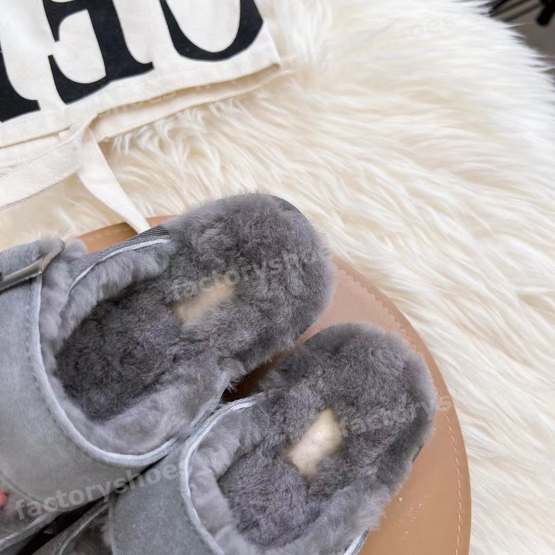 Designer Wool Slippers Fur Boston Slipper Thick Soles Slides Adjustable Square Buckle Sandals Winter Fluffy Furry Sandal Comfortable Platform Flip Flop