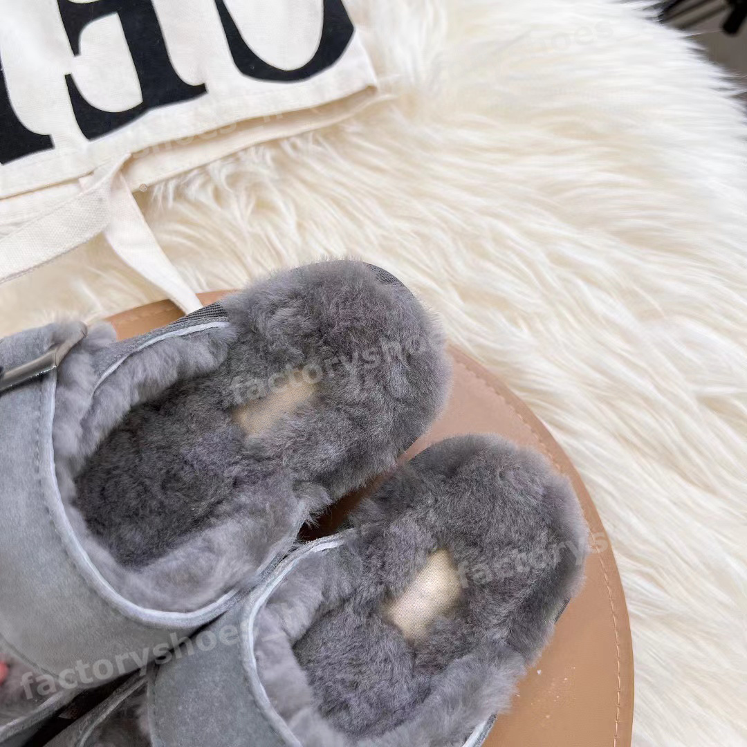 Designer ull tofflor päls boston tofflor tjocka sulor glider justerbara fyrkantiga spänne sandaler vinter fluffig päls sandal bekväm plattform flip flop