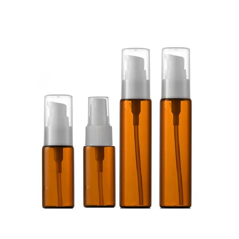 Tragbare, leere Lotion, nachfüllbar, braune Flasche, Kunststoff, weiße Presspumpe, klares Glas, Probensprühfläschchen, kosmetische Essenz-Emulsionsflasche, 20 ml, 30 ml, 40 ml, 50 ml