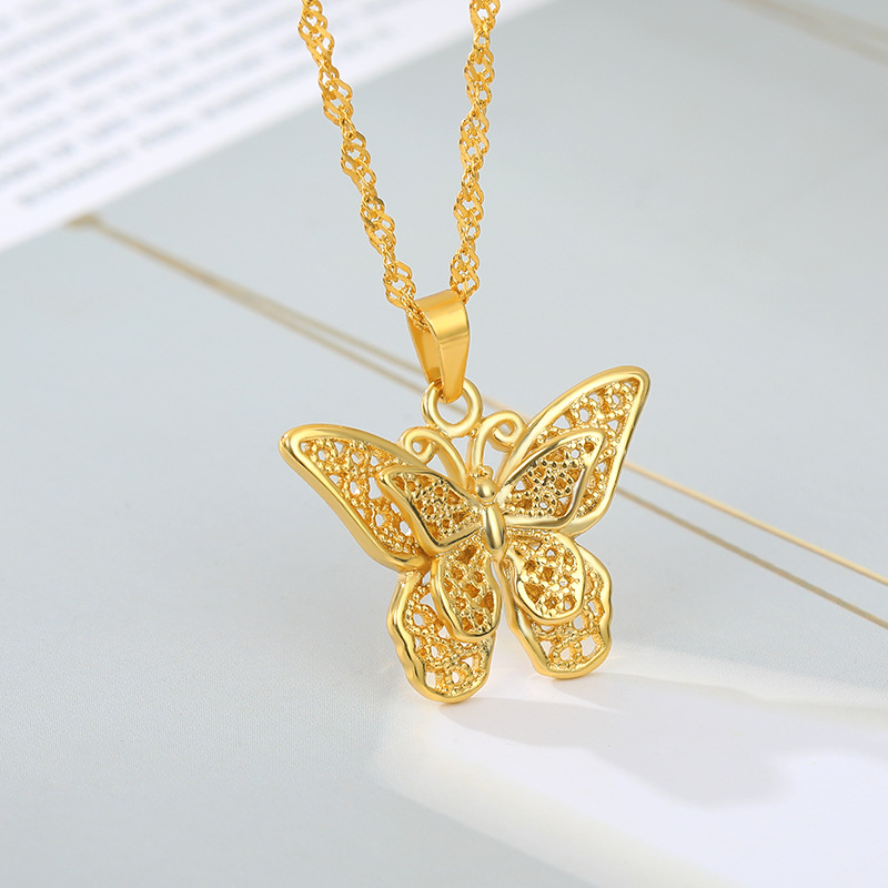 Stainless Steel Hollow Butterfly Pendant Necklace 18K Real Gold Plated Classic Jewelry