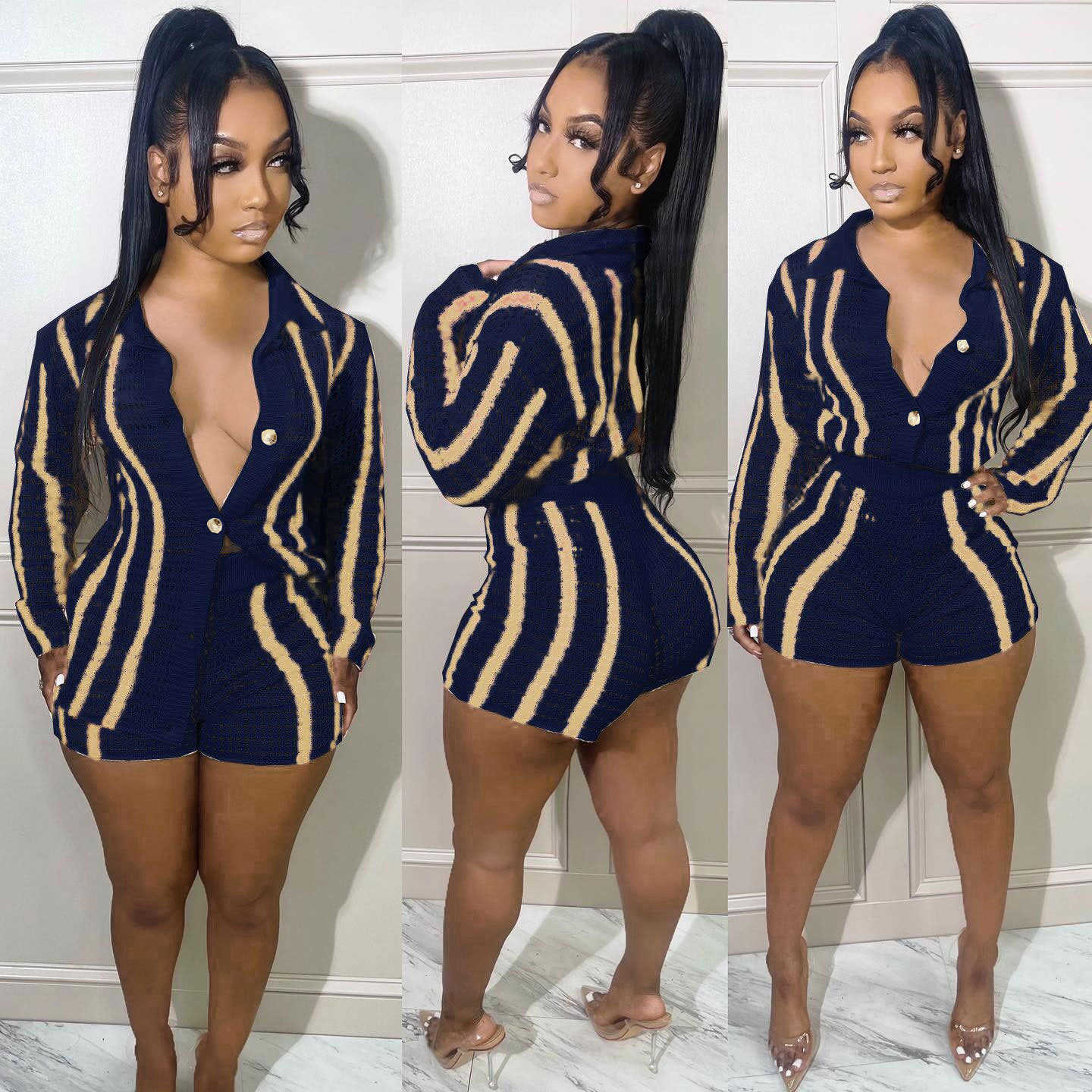 Women's Two Piece Pants ANJAMANOR Striped Knitted Sweater Cardigan and Shorts Two Piece Set Women Clothing Fall 2022 Fashion Matching Sets D35-EG33 T221012