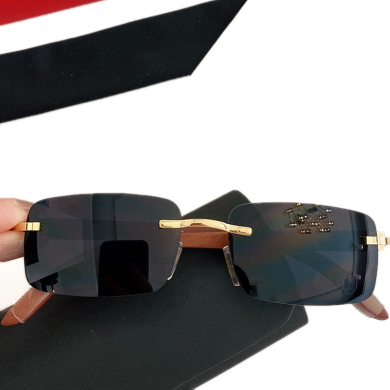 Occhiali da sole rettangolari colorati senza montatura CA di lusso Gamba in legno leggera unisex UV400 occhiali da vista personalizzati Custodia fullset OCCHIALI