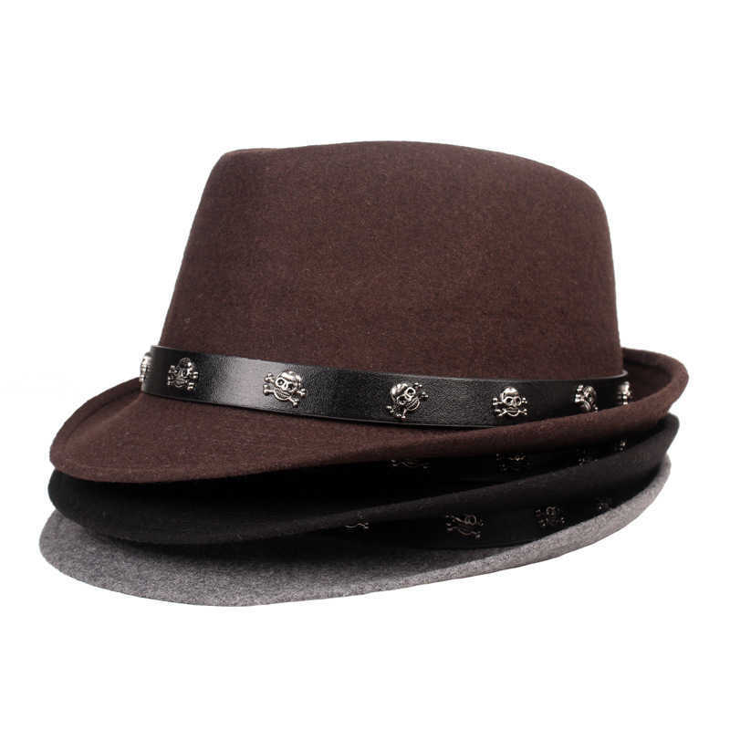 Шапочка/Кепки Черепа QBHAT Классическая шляпа Top Hat Spring Winter Men Short Brim Fedora Hat с пояской черепа Black Panama Vintage Trilby Gentleman Cap T221013