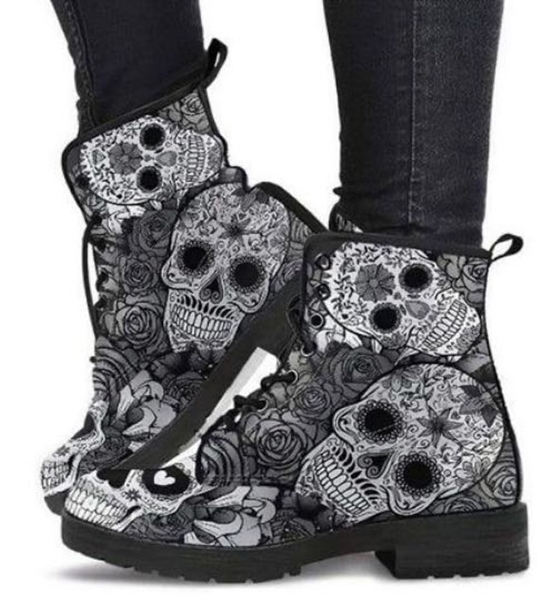 Boots Digital Imprimed Autumn Lady High Top Skull Pattern Boot British Pu Women's Fashion Work Boots 221014