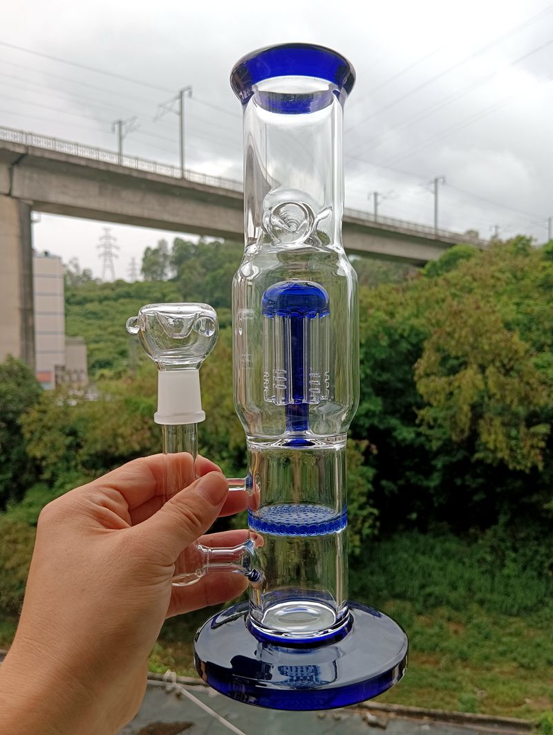 Bl￥ tjockt glas Bong Hookahs Tree Arm Perc Honeycomb Filters 18mm R￶kning Oil Dab Rigs Shisha med sk￥ltillbeh￶r