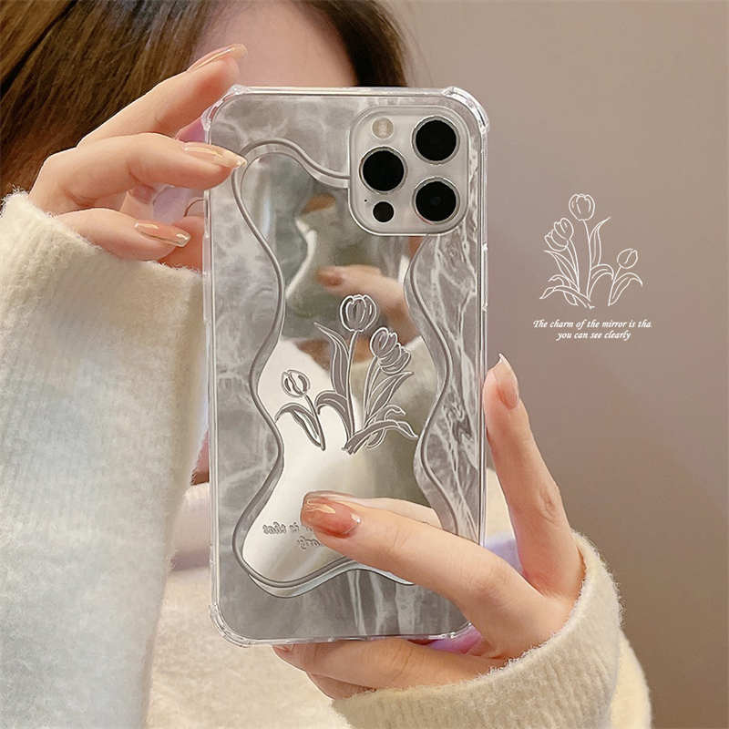 패션 3D 꽃 거울 전화 케이스 튤립 디자이너 아이폰 14 프로 최대 14 Pro Max Plus iPhone 13 12 11 7 8 미니 X XR XS 충격 카메라 렌즈 보호 뒷면 커버