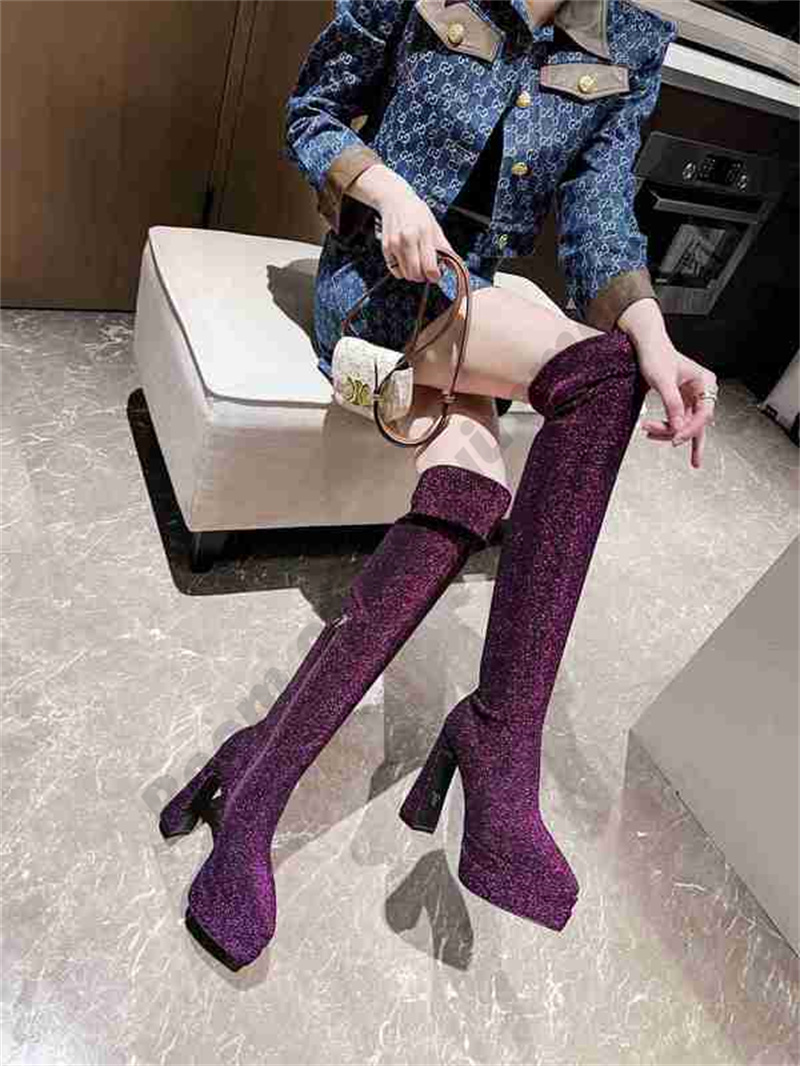 22SS pointy knee high heels boots Rhinestones sheepskin Thick legs Sky-high solid pointed female women Cowboy rider Fashion barreled stretch boot