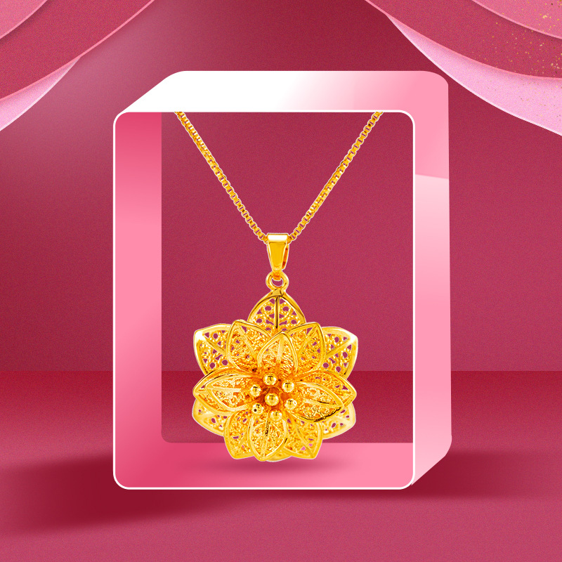 Bling Flower Pendant Necklace 24k Real Gold Plated Jewelry Women Christmas Gift