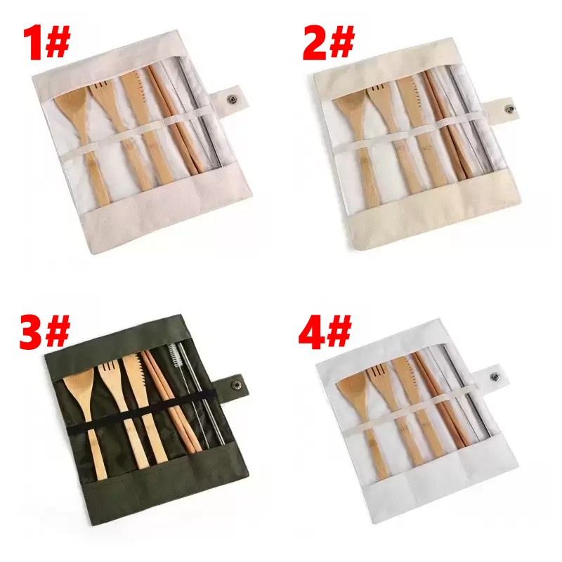 Wooden Dinnerware Set Bamboo Teaspoon Fork Soup Knife Catering Cutlery Sets with Cloth Bag Kitchen Cooking Tools Utensil FY3896 GC1014X