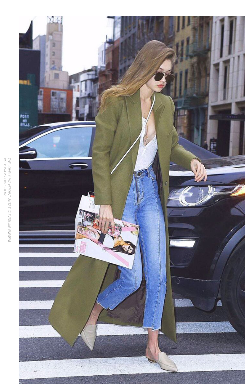 Kendal Jenner Gigi Long Dresses Pea Coat Topcoat Woolen Jacka Gr￶n ￶verrock Ullkrage Windbreaker Blazer Trench Coat Button V-Neck Women Kim