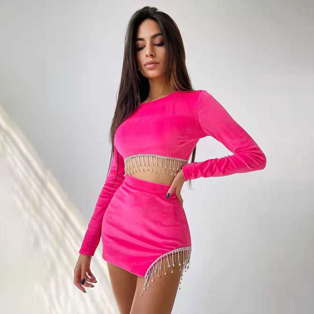 Women's Two Piece Pants SeigurHry Women's Backless Sexy Crop Top Bodycon Mini Skirt Set Outfits Dress Long Sleeve Tassel Split Corset Casual T221012