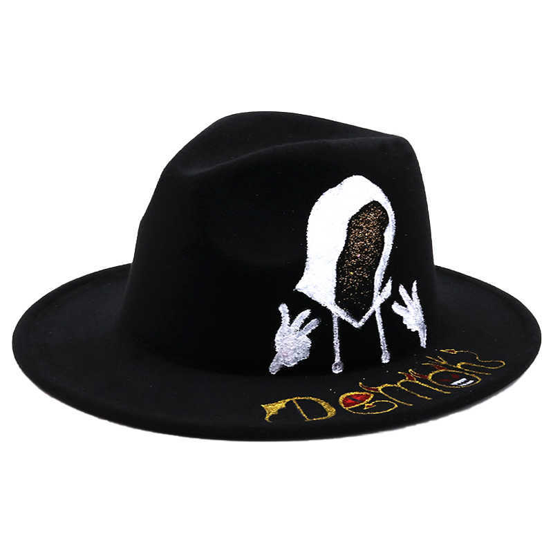 Gorro/crânio Caps Mulheres pintadas à mão feltro chapéu fedora homens panamá jazz top chapé elegante dama de inverno outono ampla igreja chapéu pamela convidado casamento t221013