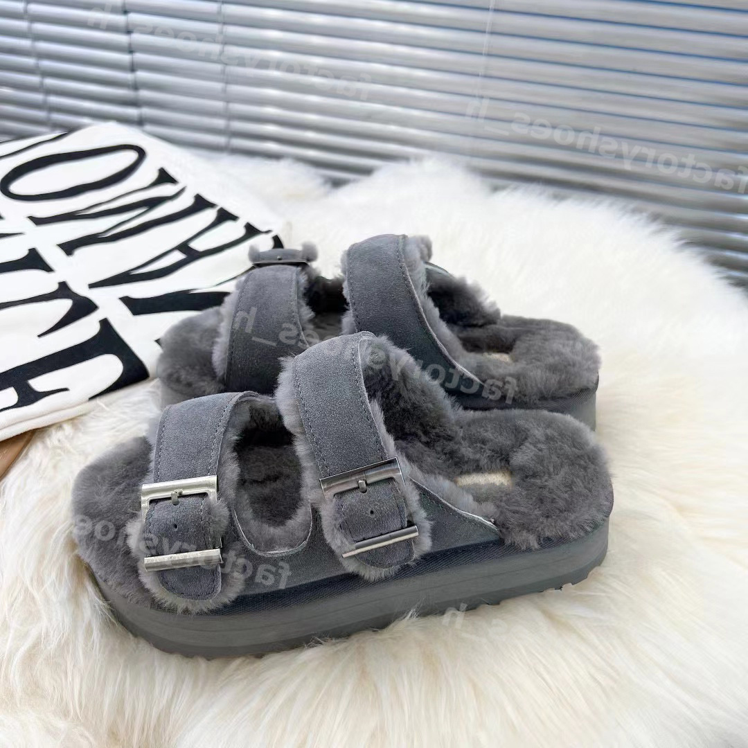 Designer ull tofflor päls boston tofflor tjocka sulor glider justerbara fyrkantiga spänne sandaler vinter fluffig päls sandal bekväm plattform flip flop