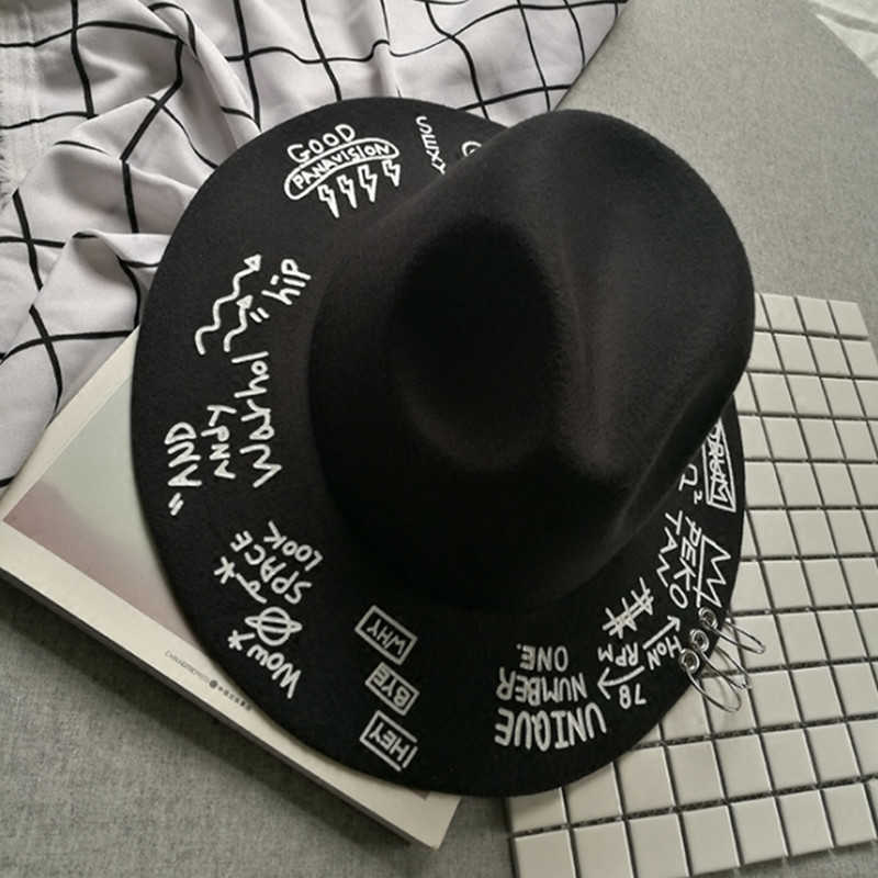 Beanie/Schädelkappen Fedora-Hut Piercing Graffiti-Buchstaben Wolle Koreanischer Stil Flut Männer und Frauen Breite Krempe Top Britischer Jazz Hip Hop Winte T221013