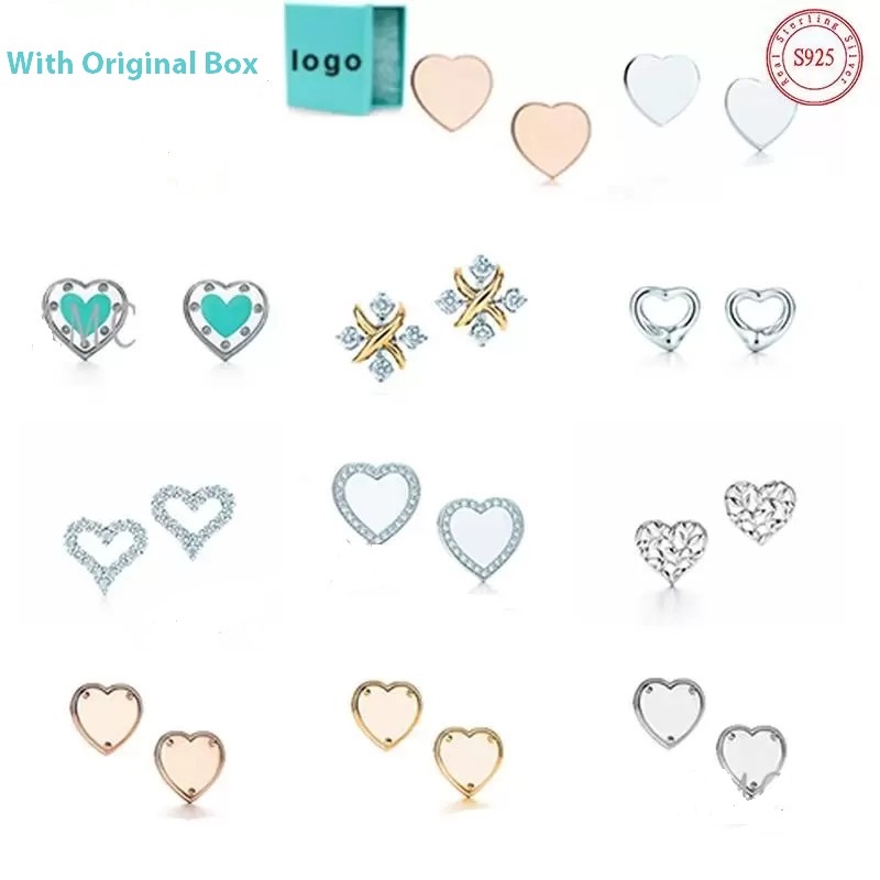Ny 100% 925 Silver T Gold Heart Studs Classic örhängen älskar Fashion Female Designer Earring Offical Logo Blue Box Elegant örhängen för kvinnliga gåvor Partihandel