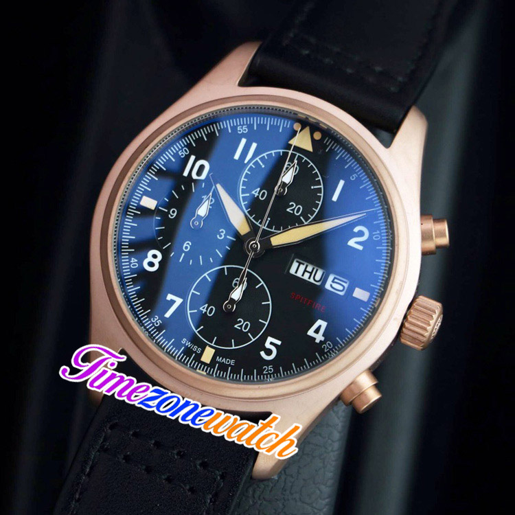 43mm Pilots IW389103 6S00 Quartz Chronograph Mens Watch Black Dial Rose Gold Case Green Nylon Leather Stopwatch Double Calendar Watches Timezonewatch E124A6