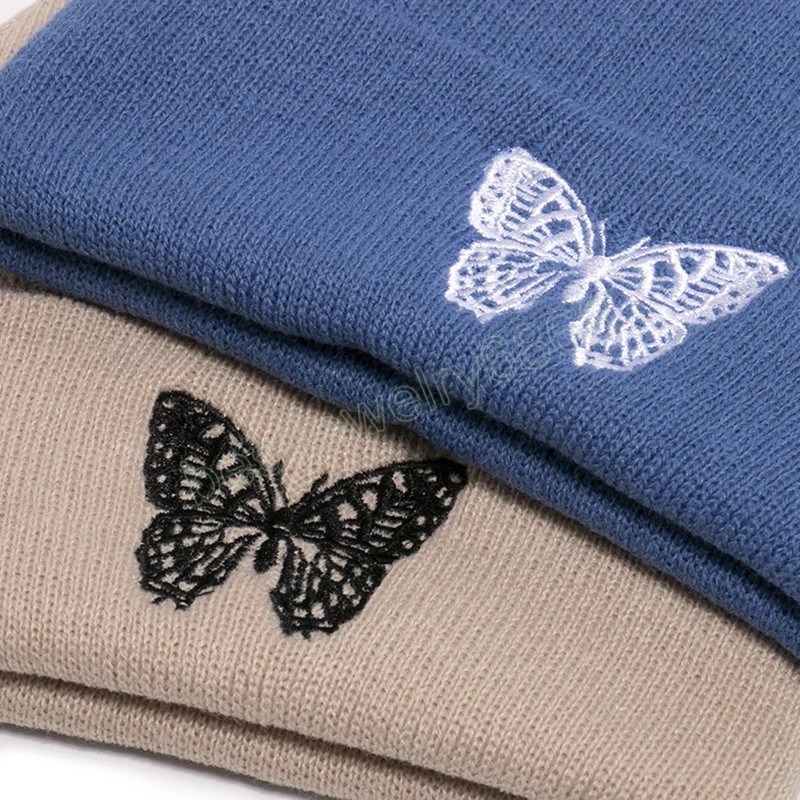 Bonnets tricotés unisexes, chapeau brodé de papillons, chapeaux de Ski chauds d'hiver, casquettes Skullies, casquette élastique douce, Bonnet de Sport pour hommes et femmes