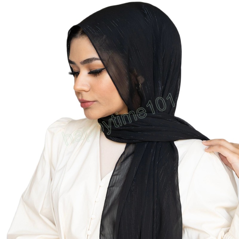 Shimmer Glitter Stripe Chiffon Hijab Scarves 여성 무슬림 목도리 머리 스카프 랩 견고한 머리띠 터번 두건 Bufandas Foulard