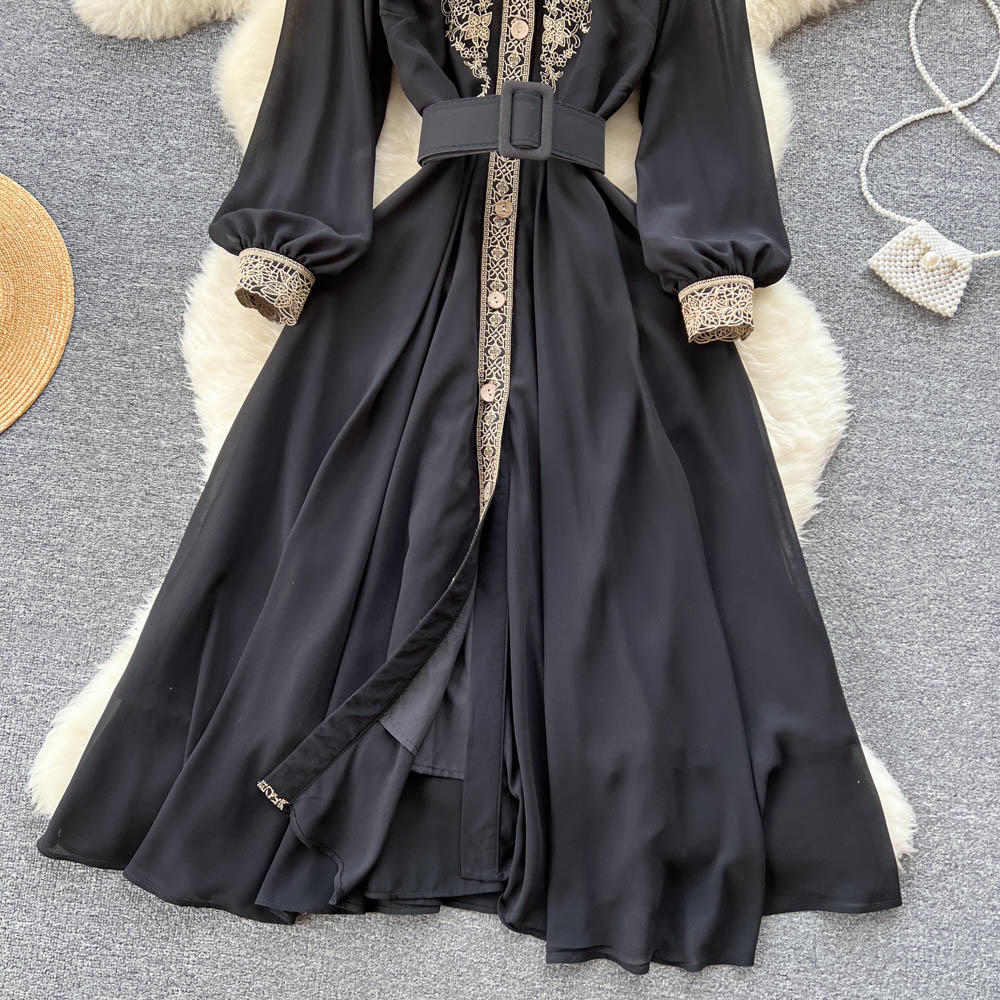H￶g midja A-Line l￥ng￤rmad kl￤nning Runway Dresses Women 2022 Elegant Boho Vintage Spring Autumn Luxury Party Lace broderi