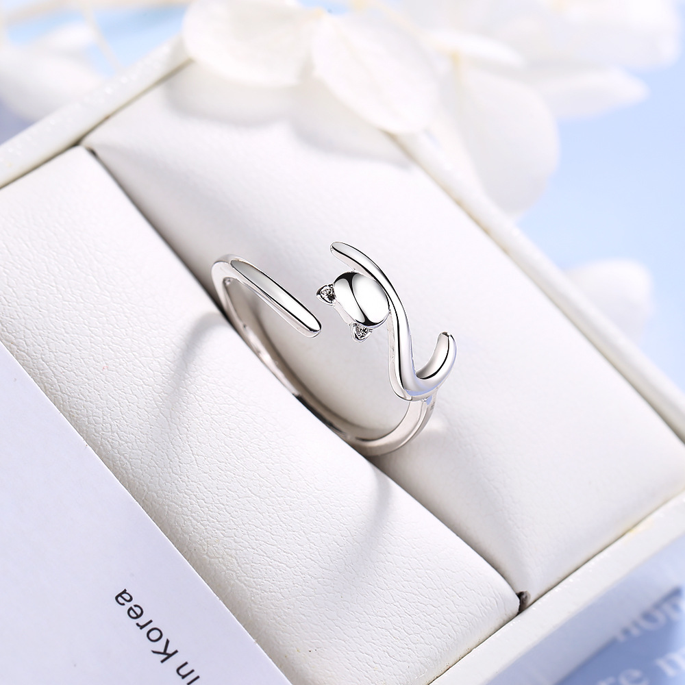 Bague ajustable en argent Sterling 925 avec chat mignon, bijoux à la mode