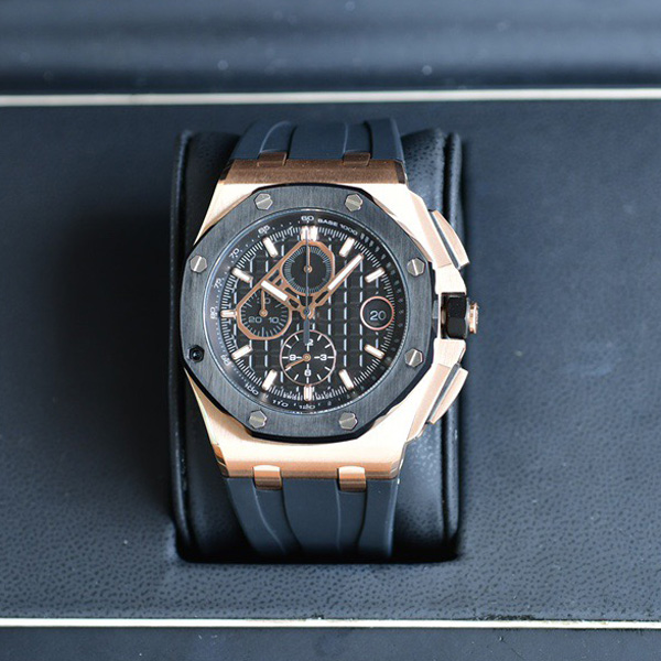 44mm 26405ce Quartz Chronograph Mens Watch 26405ブラックテクスチャダイヤルPVDブラックスチールケースラバーストラップストップウォッチ新しい時計TIMEZ178L