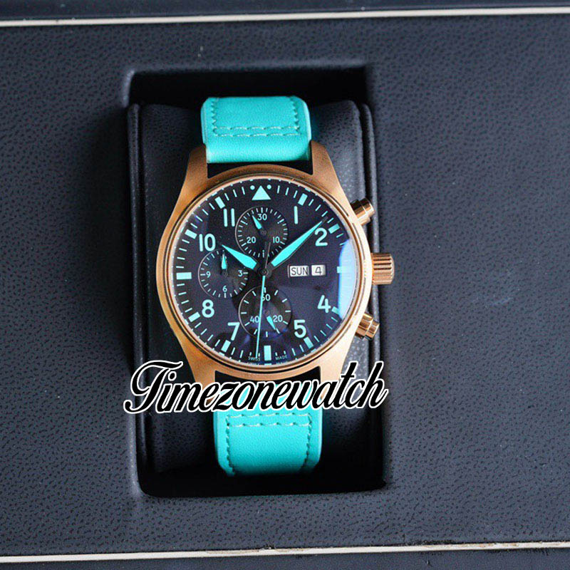 Pilotos de calendário duplo de 43 mm Relógios IW388108 Relógio masculino automático IW378005 Caixa de aço azul de aço preto Caixa de couro azul sem cronógrafo