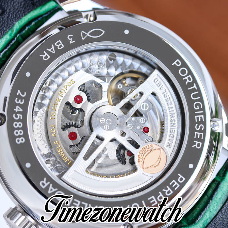 TWF Perpetual kalender IW344207 A52650 Automatische herenwork 42,4 mm Groene wijzerplaat Maanfase stalen kast groene lederen band horloges TimeZoneWatch