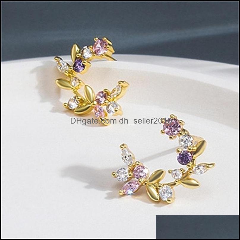 Little Flower Leaf Ear Studs Pink And Tender Sweet Silver Needle Color Zircon Earring Fashion Jewelry Women Girl 3 99hm Q2