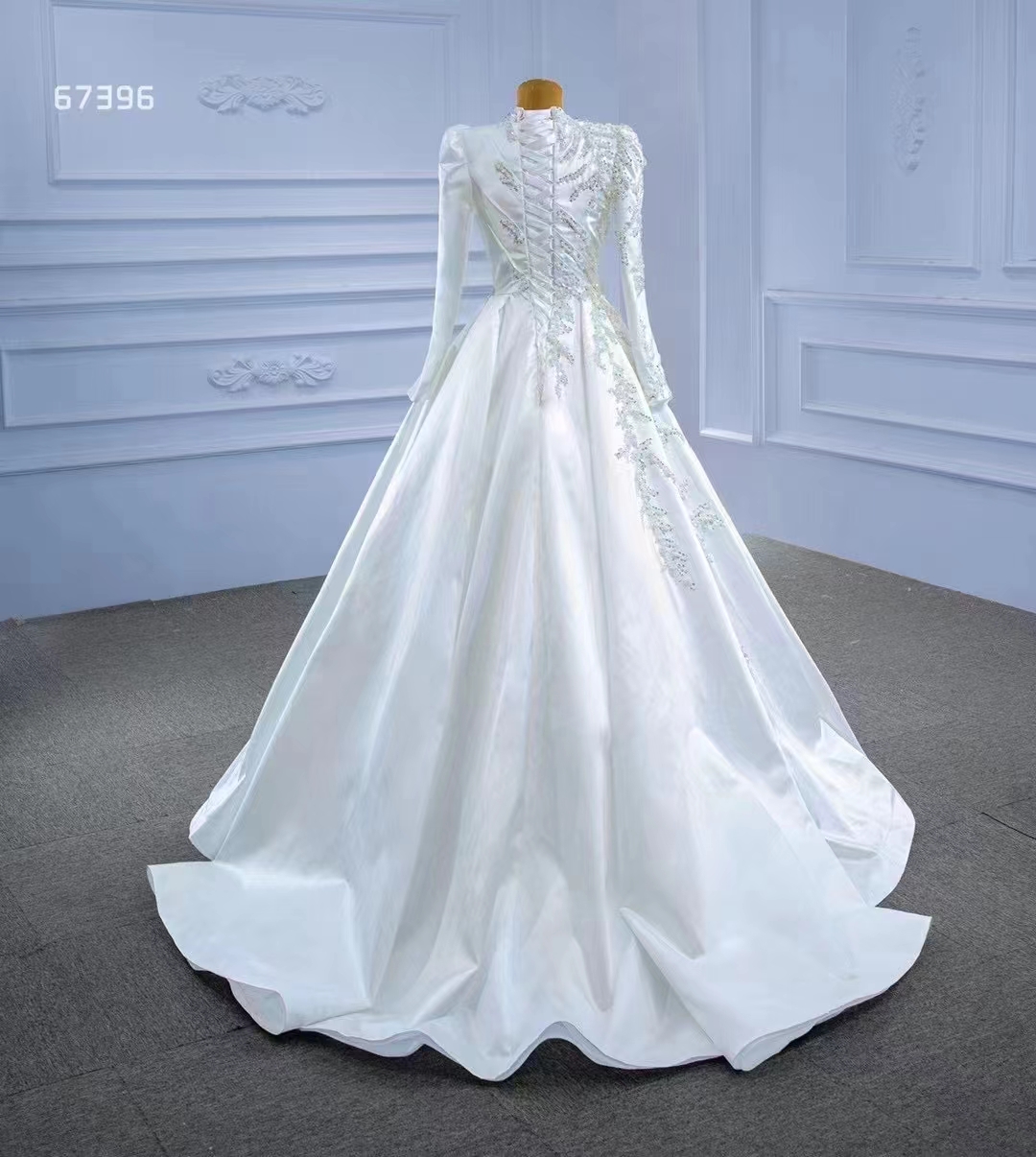 Роскошное свадебное платье белое с длинным рукавом с высоким кружевным жемчужином SM67396
